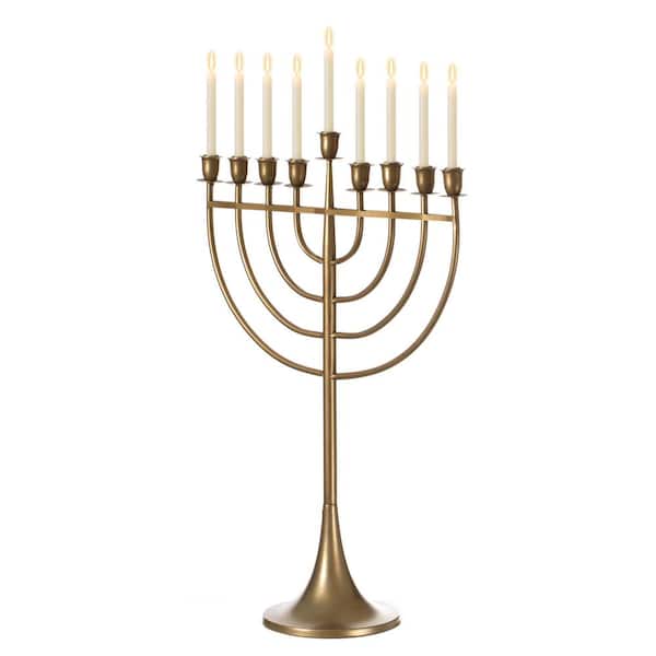 Vintiquewise Modern Solid Metal Judaica Hanukkah Menorah 9 Branched Candlebra, Gold Medium