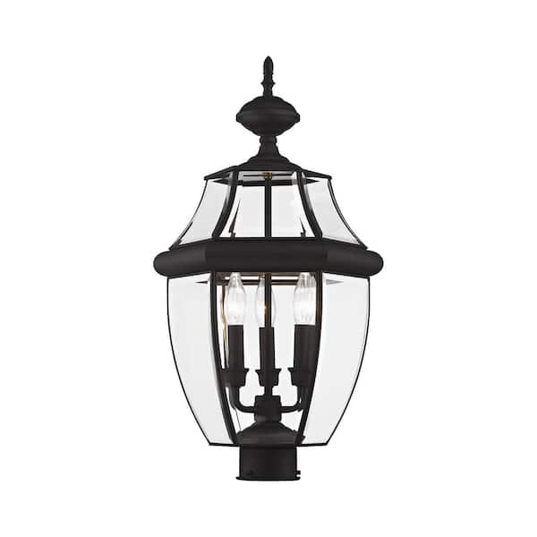 Aston 23.5 in. 3-Light Black Cast Brass Hardwried Outdoor Rust Resistant Post Light with No Bulbs Included