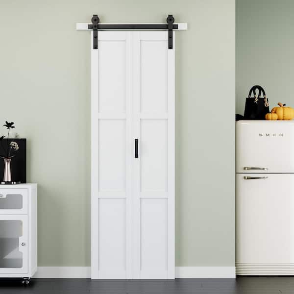 25 in. x 84 in. Paneled 3-Lite White Primed Solid Core MDF Bi-fold Sliding Barn Door with Hardware Kit
