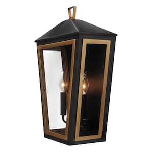 Lampson 20.375 in. 2-Light Black with Gold Hardwired Tapered Outdoor Wall Lantern Sconce