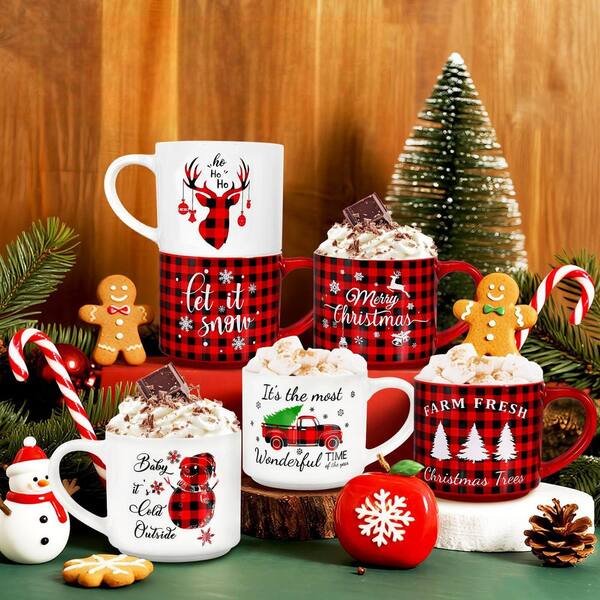 Wudkey 16 oz. Multi-Colored Plaid and White Christmas Large Ceramic Coffee Mugs for Hot Cocoa (Set of 6)