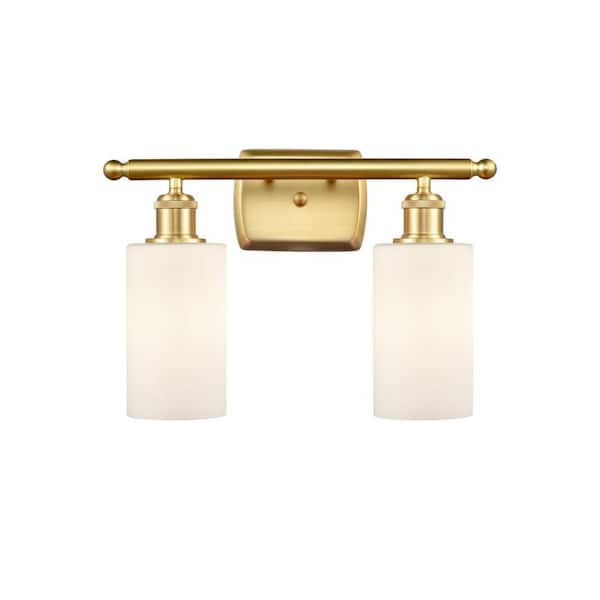 Clymer 16 in. 2 Light Satin Gold, Matte White Vanity Light with White Glass Shade