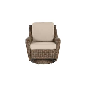 Cambridge Brown Wicker Outdoor Patio Swivel Rocking Chair with Sunbrella Beige Tan Cushions