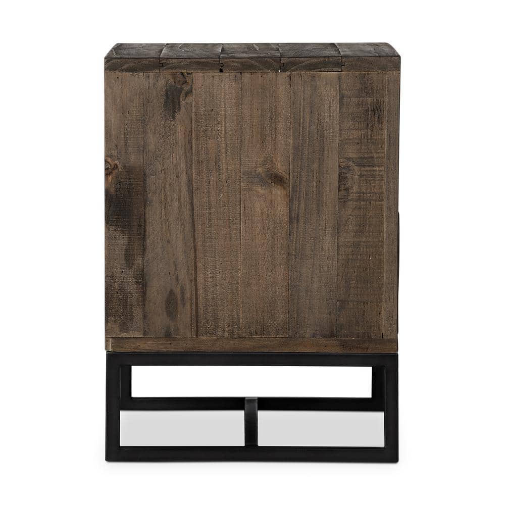Rustic Transitional Solid Pine 2-Drawer Nightstand with Metal Base