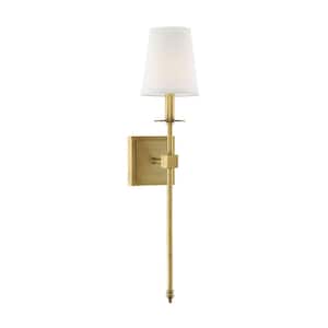 Monroe 5 in. W x 24 in. H 1-Light Warm Brass Wall Sconce with White Fabric Shade