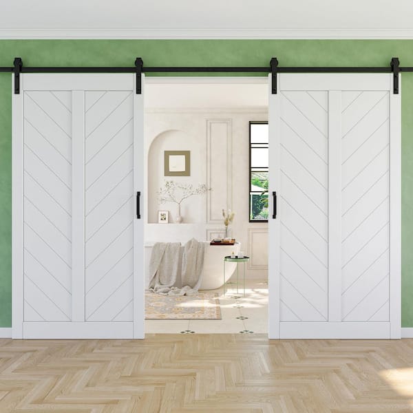 84 in. x 84 in. Solid Core Finished White MDF Herringbone Design Barn Door Slab with Hardware