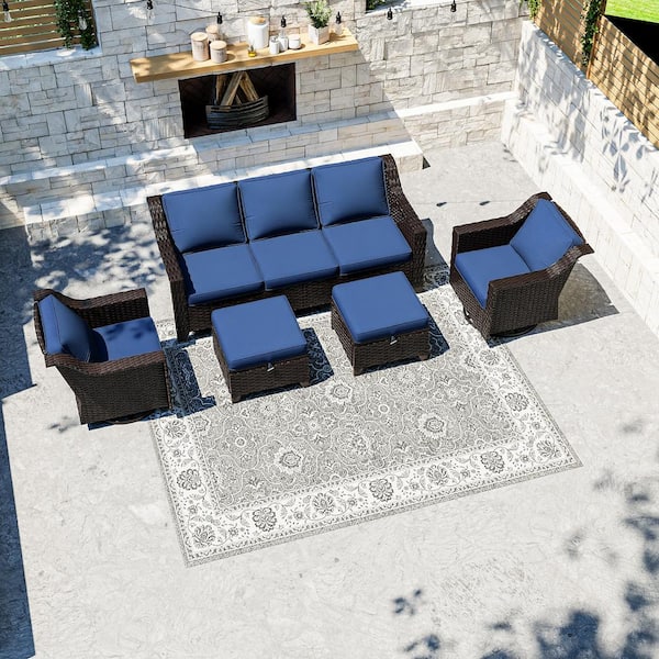 5-Piece Wicker Outdoor Patio Conversation Sectional Set With Blue Cushions