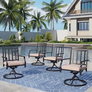 Black Metal Stripe Patio Outdoor Dining Swivel Chair with Beige Cushion (4-Pack)