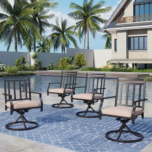PHI VILLA Black Metal Stripe Patio Outdoor Dining Swivel Chair with Beige Cushion (4-Pack)