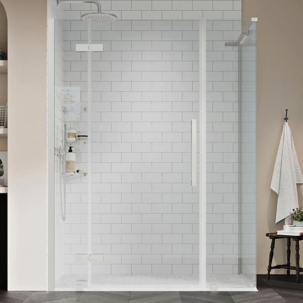 OVE Decors Tampa 54 13/16 in. W x 72 in. H Rectangular Pivot Frameless Corner Shower Enclosure in Satin Nickel with Shelves