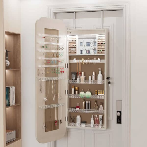 White 14.5 in W x 47.2 in. H Mirrored Jewelry Cabinet Full Length Mirror, Wall or Door Mounted Jewelry Organizer