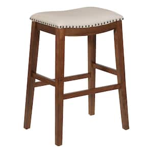 Metro 29 in. Saddle Stool with Nail Head Accents and Espresso Legs with Cream Bonded Leather