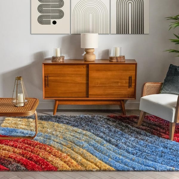 San Francisco Mojave Red Modern Abstract 5 ft. 3 in. x 7 ft. 3 in. 3D Carved Shag Area Rug