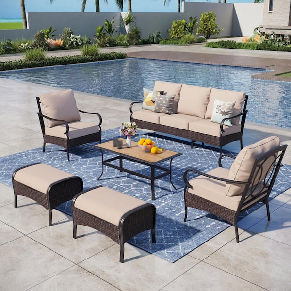 Dark Brown Rattan 7 Seat 6-Piece Steel Outdoor Patio Conversation Set with Beige Cushions and Table with Wood-Grain Top