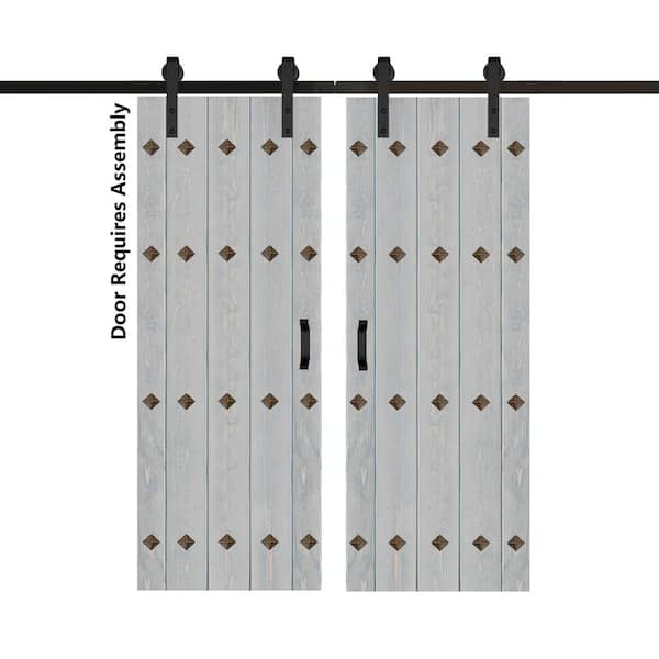 ISLIFE Mid-Century New Style 60 in. x 84 in. French Gray Finished Solid Wood Double Sliding Barn Door with Hardware Kit