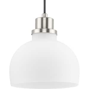 Garris Collection 1-Light Brushed Nickel Etched Opal Glass Transitional Mini-Pendant