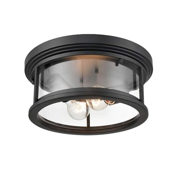 Bresley 2-Light 12 in. Powder Coat Black Hardwired Outdoor Flush Mount Light (1-Pack)