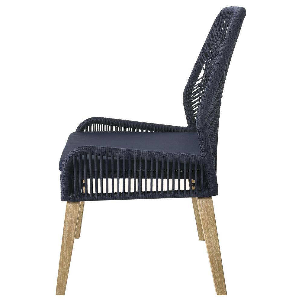 Navy Blue Woven Rope Upholstered Side Chair with Mahogany Legs