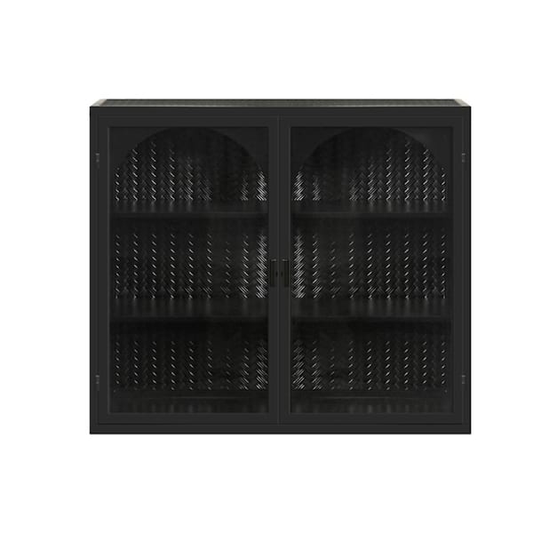 Bnuina 27.56 in. W x 9.06 in. D x 23.62 in. H Bathroom Storage Wall Cabinet in Black with 3-tier Storage and Glass Doors
