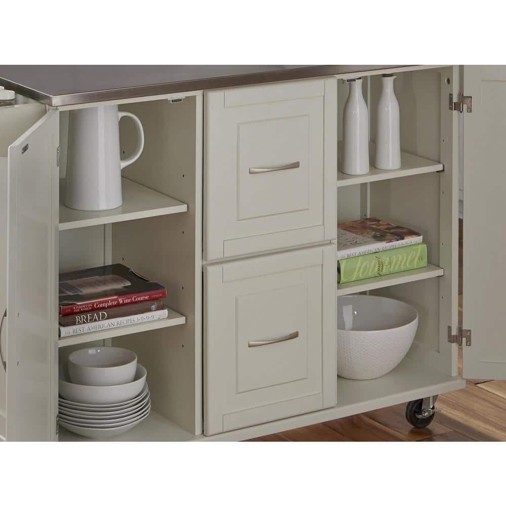 Stainless Steel Top Kitchen Cart with Spice Rack and Storage, Off-White