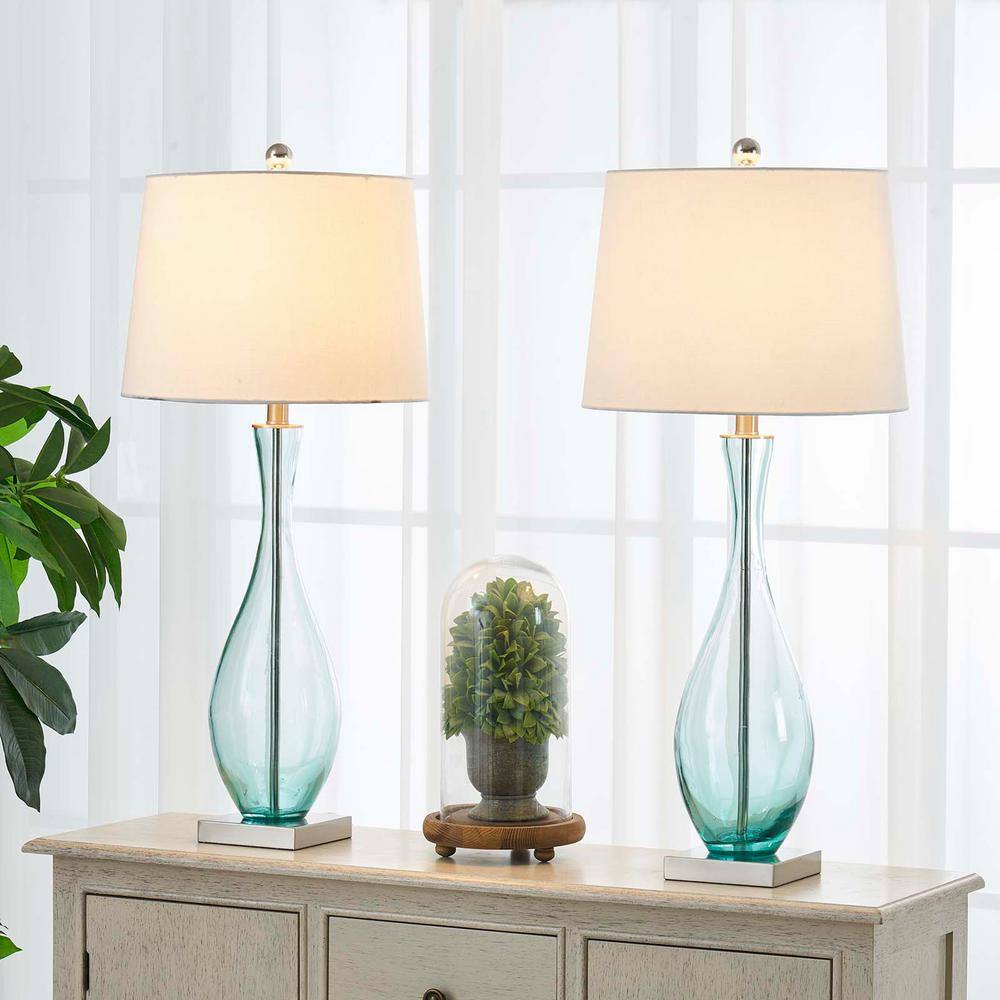 Aqua Glass and White Linen 31" Table Lamp Set
