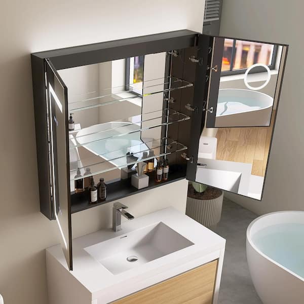 36 in. W x 32 in. H Rectangular Black Aluminum Recessed/Surface Mount Medicine Cabinet with Mirror and LED