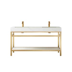 Funes 60 in. W x 22 in. D x 33.9 in. H Double Sink Bath Vanity in Brushed Gold Metal Stand with White Sintered Stone Top