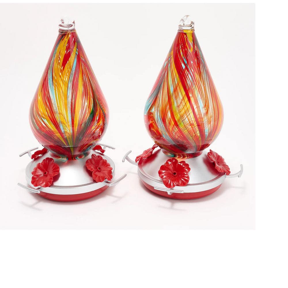 Hand-Blown Multicolor Glass Hummingbird Feeders with Red Plastic Base