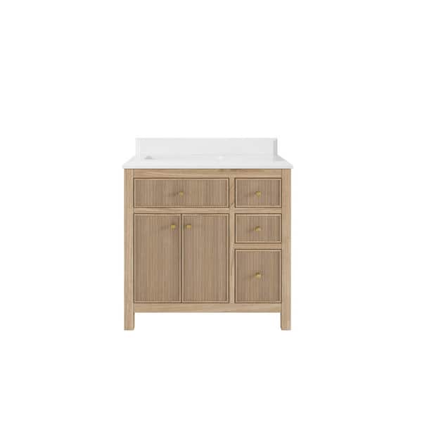 Willow Collections Sonoma Teak 36 in. W x 22 in. D x 36 in. H Left Sink Bath Vanity in Light Washed with 1.5 in. White Quartz Top