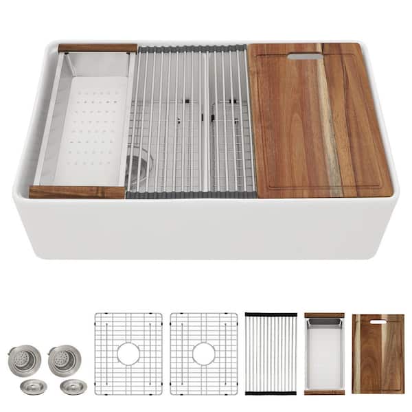 33 in. White Fireclay Apron Front Farmhouse Workstation Sink with Slide Ledge, Double Bowl 50/50 Ceramic Basin