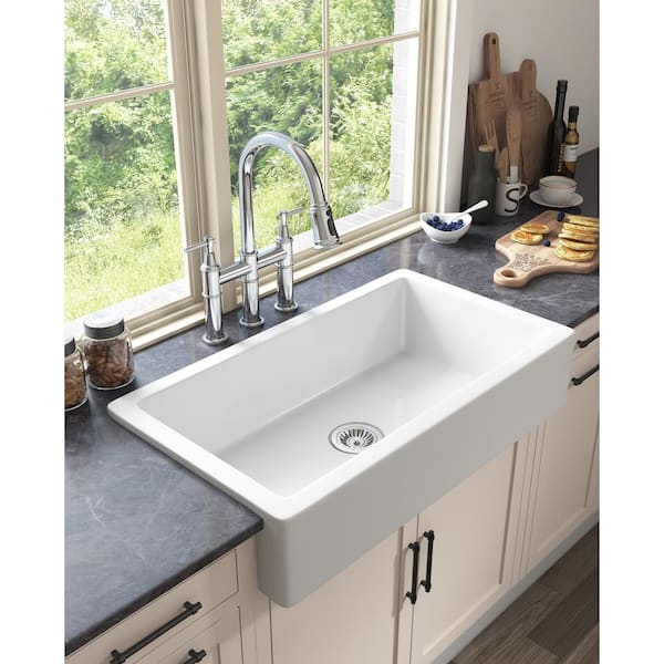 Kuomih 37 in. Farmhouse/Apron-Front Single Bowl Kitchen Sink White Ceramic