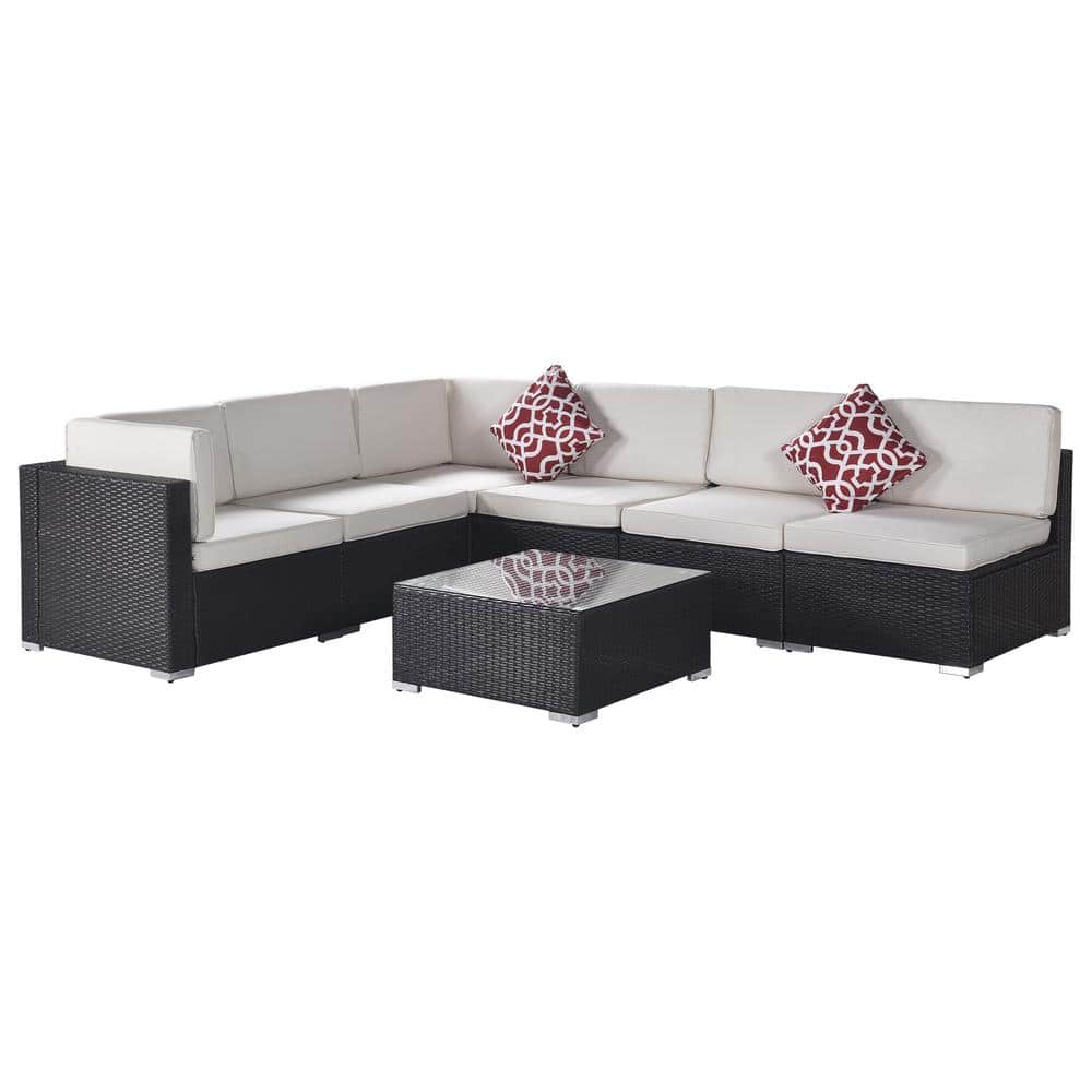 Espresso 7-Piece Wicker Patio Conversation Sectional Seating Set with 2 Pil