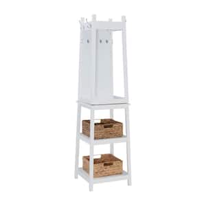Conyers White Rotating Coat Rack with Mirror, Hooks and Basket Storage