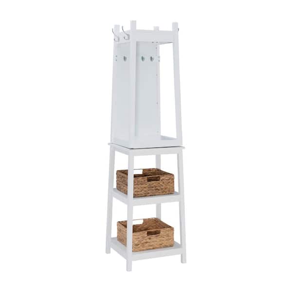 Powell Company Conyers White Rotating Coat Rack with Mirror, Hooks and Basket Storage