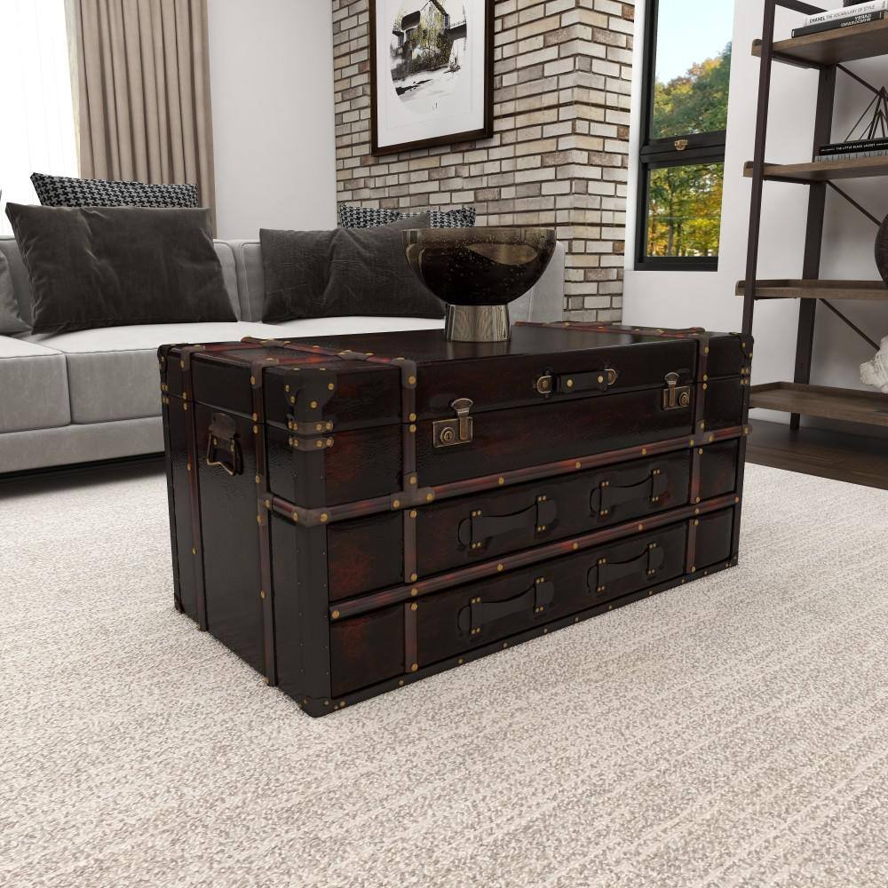 Vintage Brown Wood Trunk Coffee Table with Storage