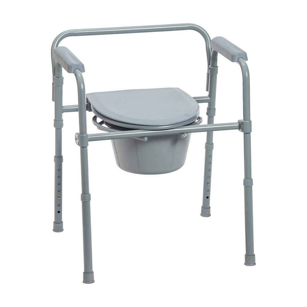 Adjustable Gray Steel and Plastic Folding Bedside Commode
