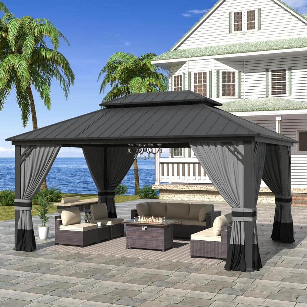 Gray 12x16ft Hardtop Gazebo with Nettings and Curtains