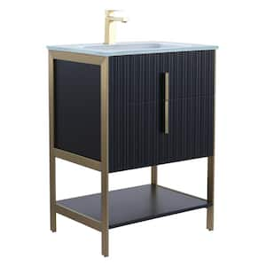 24 in. W x 18 in. D x 33.5 in. H Bath Vanity in Black Matte with White Glass Single Hole Top with Satin Brass Hardware