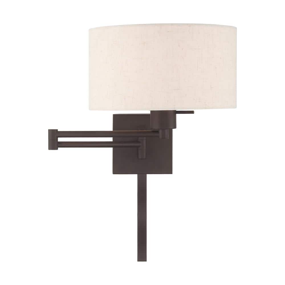 Bronze Swing Arm Wall Lamp with Oatmeal Shade