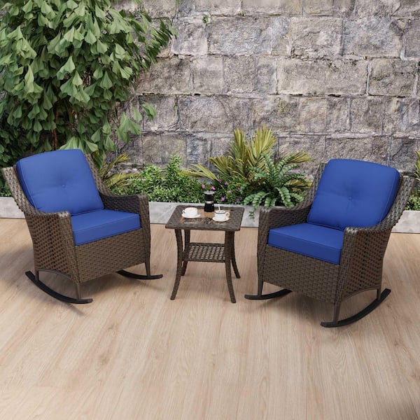 Wicker Outdoor Rocking Chair with Blue Cushions