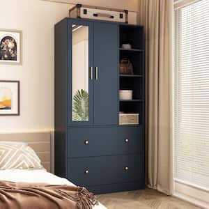 Blue Wood 35.5 in. W Armoires Wardrobe With Mirror, Pulling Hanging Rod, Drawers, Shelves 15.8 in. D x 70.8 in. H
