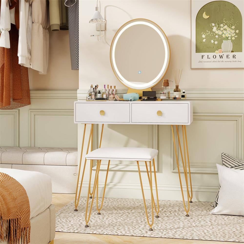 Elegance White Vanity Makeup Dressing Table Set with 3 Lighting Modes & Touch Mirror