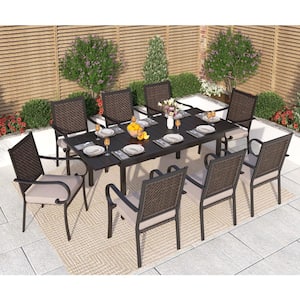 Black 9-Piece Metal Patio Outdoor Dining Set with Expandable Table and Rattan Arm Chairs with Beige Cushion