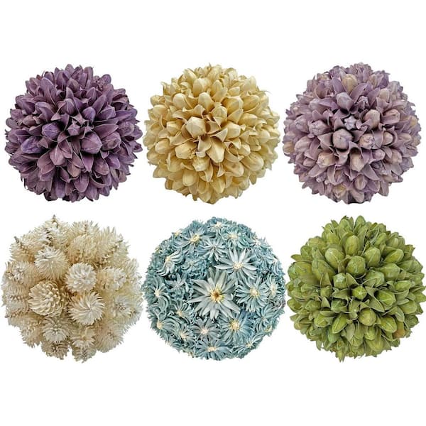 Multi-Colored Decorative Non Artificial Natural Preserved Topiary Balls Orbs Bowl Vase Filler (Set of 6)