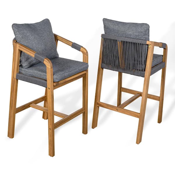 JONATHAN Y Porto Modern Coastal Tub Roped Acacia Wood Outdoor Bar Stool and Armrests, Gray/Teak Brown ith Cushions (Set of 2)