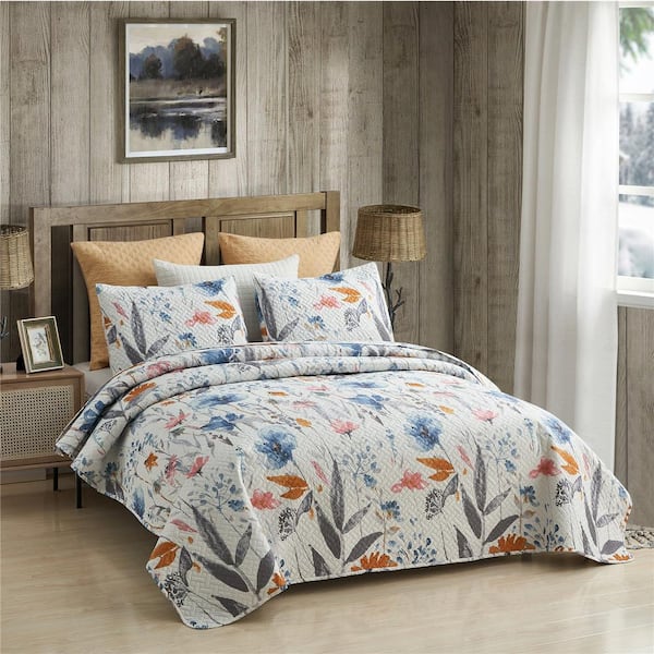 3-Piece Queen Size Microfiber Plant Reversible Quilt Set