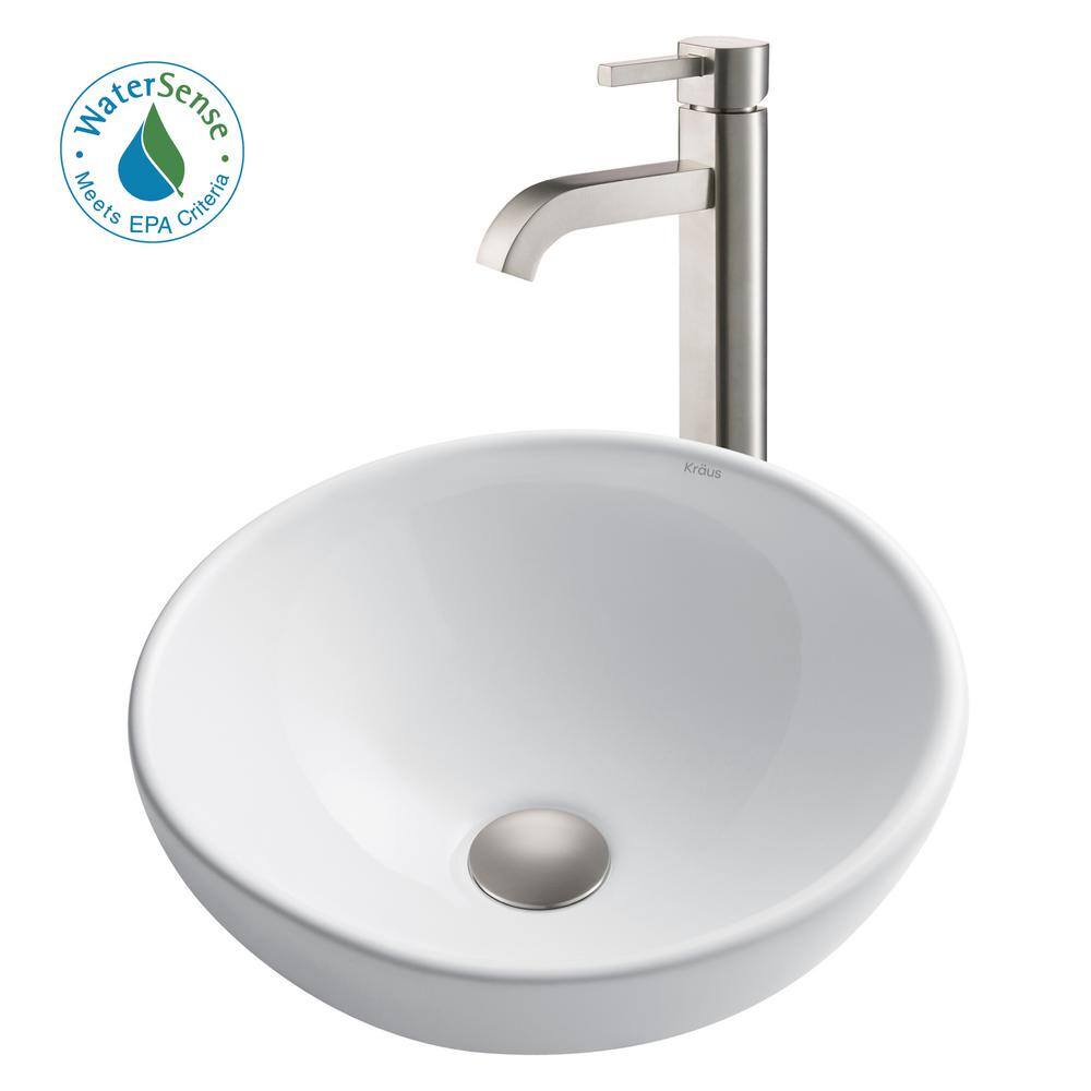 White Ceramic Round Vessel Sink with Satin Nickel Faucet