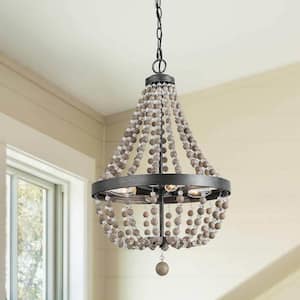Empire Black Basket Beaded Chandelier with Wood and Crystal Beads, Boho Candlestick 4-Light 1.3 ft. Chic Pendant Light