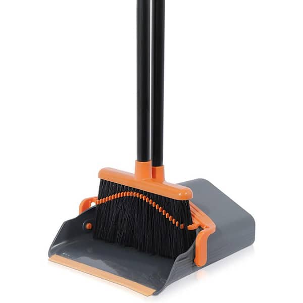 Broom and Dustpan Set Orange Self Cleaning with Dustpan Teeth Standing Dust Pan for Home Kitchen Easy Assembly Upright Dustpan and Broom Combo Set 