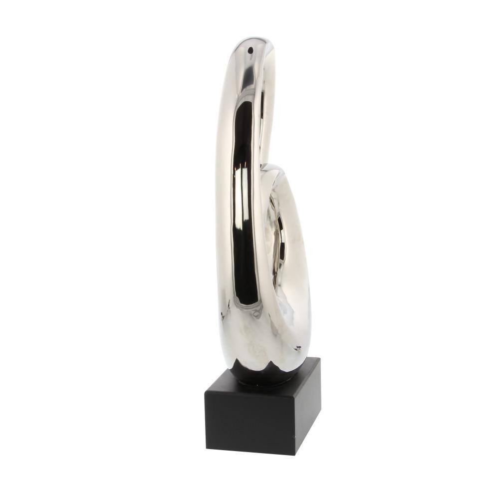21" Silver Ceramic Swirl Abstract Sculpture with Black Base